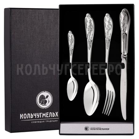 СТОЛОВЫЙ НАБОР ИЗ МЕЛЬХИОРА "ВЕСНА" С ЧЕРНЕНИЕМ (4 ПРЕДМЕТА) – МСТЕРСКИЙ ЮВЕЛИР
