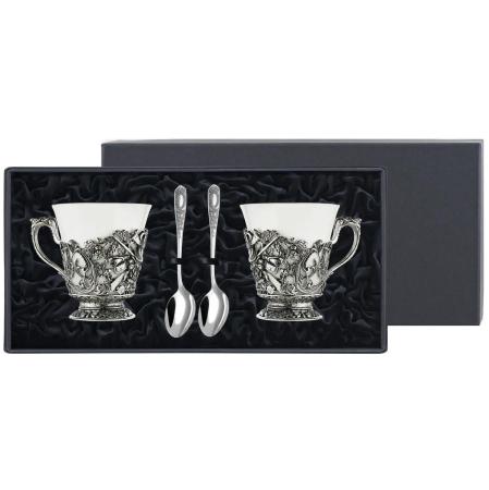 НАБОР ДЛЯ ЧАЯ "ОХОТНИЧЬЯ" С ЧЕРНЕНИЕМ (ПАРА) – КОЛЬЧУГИНСКИЙ МЕЛЬХИОР