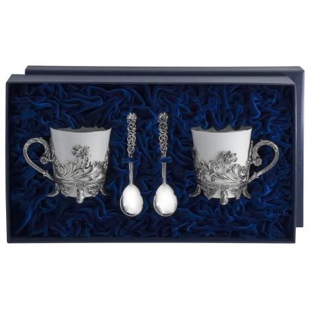 СЕРЕБРЯНАЯ ЧАЙНАЯ ПАРА "ЦВЕТОЧНАЯ" С ЧЕРНЕНИЕМ – АРГЕНТА