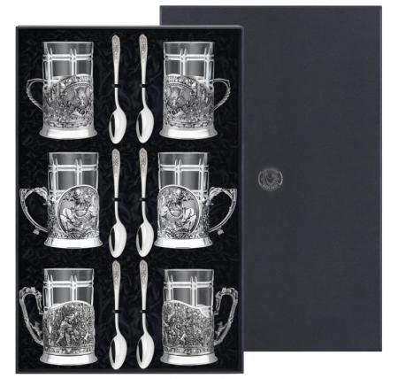 НАБОР ИЗ 6 ПОДСТАКАННИКОВ "ОХОТА И РЫБАЛКА" ПОСЕРЕБРЕННЫЙ – КОЛЬЧУГИНСКИЙ МЕЛЬХИОР