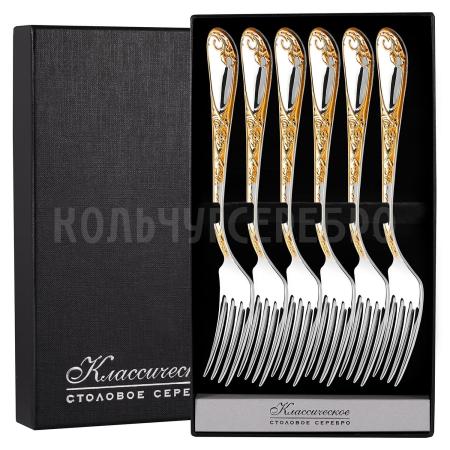 СЕРЕБРЯНЫЙ СТОЛОВЫЙ НАБОР "ИРИСЫ" С ПОЗОЛОТОЙ М-22 (6 ВИЛОК) – ПАВЛОВСКИЙ ЗАВОД