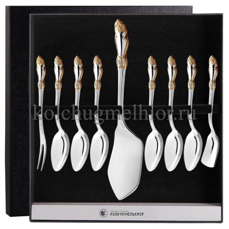 ЧАЙНЫЙ НАБОР ИЗ МЕЛЬХИОРА "РОЗА" С ПОЗОЛОТОЙ (9 ПРЕДМЕТОВ) – КОЛЬЧУГИНСКИЙ МЕЛЬХИОР