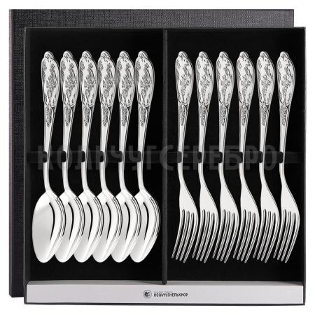 СТОЛОВЫЙ НАБОР ИЗ МЕЛЬХИОРА "ВЕСНА" С ЧЕРНЕНИЕМ (6 ВИЛОК, 6 ЛОЖЕК) – МСТЕРСКИЙ ЮВЕЛИР