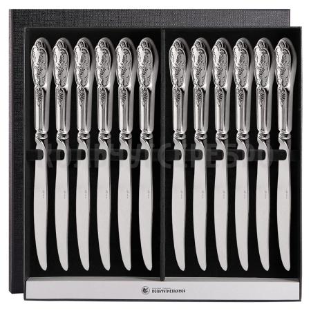СТОЛОВЫЙ НАБОР ИЗ МЕЛЬХИОРА "ВЕСНА" С ЧЕРНЕНИЕМ (12 НОЖЕЙ) – МСТЕРСКИЙ ЮВЕЛИР