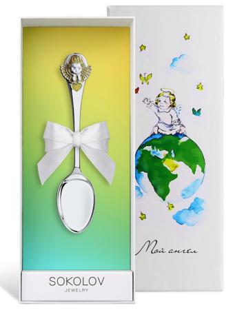 СЕРЕБРЯНАЯ ДЕТСКАЯ ЛОЖКА "АНГЕЛОЧЕК С СЕРДЕЧКОМ" С ПОЗОЛОТОЙ – SOKOLOV