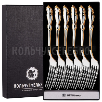 СТОЛОВЫЙ НАБОР ИЗ МЕЛЬХИОРА "ЛИРА" С ПОЗОЛОТОЙ (6 ВИЛОК) – КОЛЬЧУГИНСКИЙ МЕЛЬХИОР