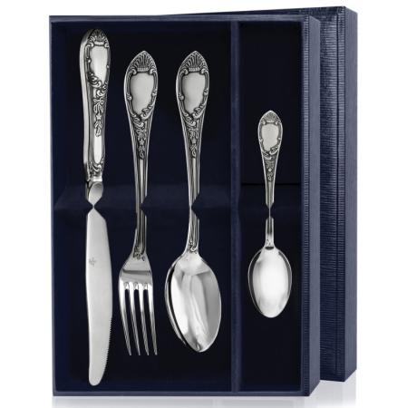 СЕРЕБРЯНЫЙ СТОЛОВЫЙ НАБОР "ПРЕСТИЖ" С ЧЕРНЕНИЕМ (4 ПРЕДМЕТА) – АРГЕНТА