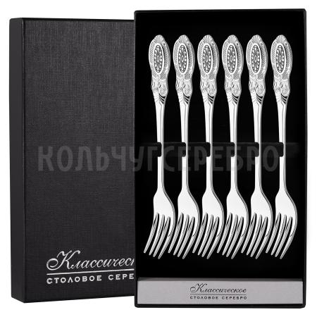 СЕРЕБРЯНЫЙ ДЕСЕРТНЫЙ НАБОР "КУПЕЧЕСКИЙ" С ЧЕРНЕНИЕМ (6 ДЕСЕРТНЫХ ВИЛОК) - СЕВЕРНАЯ ЧЕРНЬ