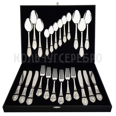 СТОЛОВЫЙ НАБОР ИЗ МЕЛЬХИОРА "ВЕСНА" С ЧЕРНЕНИЕМ (24 ПРЕДМЕТА) – МСТЕРСКИЙ ЮВЕЛИР