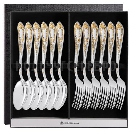 СТОЛОВЫЙ НАБОР ИЗ МЕЛЬХИОРА "ЖАСМИН" С ПОЗОЛОТОЙ (6 ВИЛОК, 6 ЛОЖЕК) – КОЛЬЧУГИНСКИЙ МЕЛЬХИОР