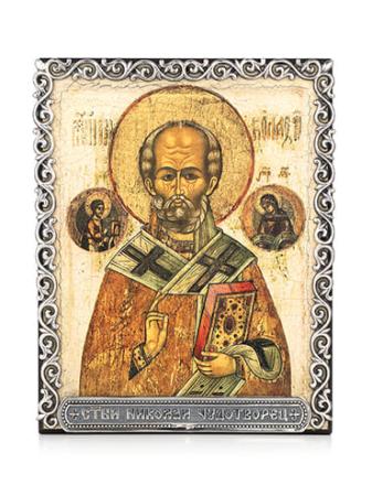 ИКОНА "СВЯТОЙ НИКОЛАЙ" В СЕРЕБРЯНОМ БАГЕТЕ – АЛЬТМАСТЕР