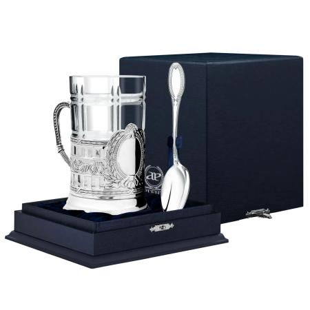 СЕРЕБРЯНЫЙ ПОДСТАКАННИК "ГЕРБОВЫЙ" С ЛОЖКОЙ – АРГЕНТА