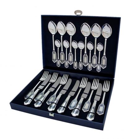 СЕРЕБРЯНЫЙ СТОЛОВЫЙ НАБОР "ФАМИЛЬНЫЙ" С ЧЕРНЕНИЕМ (24 ПРЕДМЕТА) - СЕВЕРНАЯ ЧЕРНЬ