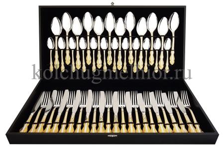 СТОЛОВЫЙ НАБОР ИЗ МЕЛЬХИОРА "ЮБИЛЕЙНЫЙ" С ПОЗОЛОТОЙ (48 ПРЕДМЕТОВ) – КОЛЬЧУГИНСКИЙ МЕЛЬХИОР