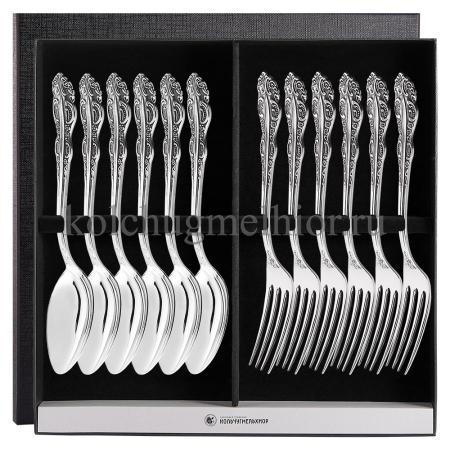 СТОЛОВЫЙ НАБОР ИЗ МЕЛЬХИОРА "ЮБИЛЕЙНЫЙ" (6 ВИЛОК, 6 ЛОЖЕК) – КОЛЬЧУГИНСКИЙ МЕЛЬХИОР
