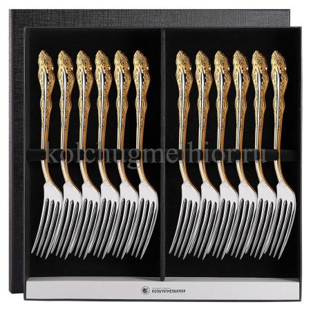 СТОЛОВЫЙ НАБОР ИЗ МЕЛЬХИОРА "ЮБИЛЕЙНЫЙ" С ПОЗОЛОТОЙ (12 ВИЛОК) – КОЛЬЧУГИНСКИЙ МЕЛЬХИОР