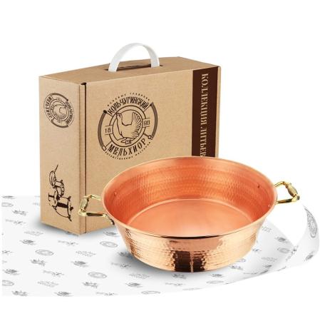 МЕДНЫЙ ТАЗ ДЛЯ ВАРЕНЬЯ С РУЧКАМИ "ЛИСТ" (6 ЛИТРОВ) КОВАННЫЙ – КОЛЬЧУГИНСКИЙ МЕЛЬХИОР