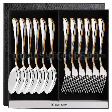 СТОЛОВЫЙ НАБОР ИЗ МЕЛЬХИОРА "КАПЕЛЬКА" С ПОЗОЛОТОЙ (6 ВИЛОК, 6 ЛОЖЕК) – КОЛЬЧУГИНСКИЙ МЕЛЬХИОР