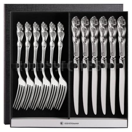 СТОЛОВЫЙ НАБОР ИЗ МЕЛЬХИОРА "ГЕРБ" С ЧЕРНЕНИЕМ (6 ВИЛОК, 6 НОЖЕЙ) – КОЛЬЧУГИНСКИЙ МЕЛЬХИОР