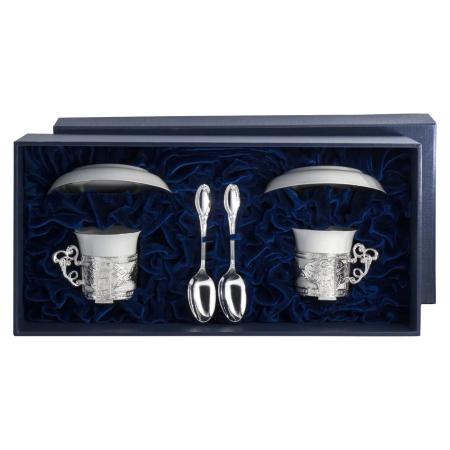 СЕРЕБРЯНАЯ КОФЕЙНАЯ ПАРА "АВГУСТ ОКТАВИАН" С БЛЮДЦАМИ – АРГЕНТА