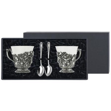 НАБОР ДЛЯ ЧАЯ "ЛОСЬ И МЕДВЕДЬ" С ЧЕРНЕНИЕМ (ПАРА) – КОЛЬЧУГИНСКИЙ МЕЛЬХИОР