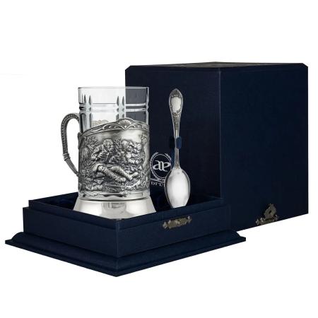 СЕРЕБРЯНЫЙ ПОДСТАКАННИК "ОХОТНИКИ" С ЛОЖКОЙ – АРГЕНТА