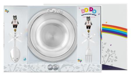 ТАРЕЛКА С ЛОЖКОЙ И ВИЛКОЙ "МИША" С ЦВЕТНОЙ ЭМАЛЬЮ – КОЛЬЧУГИНСКИЙ МЕЛЬХИОР