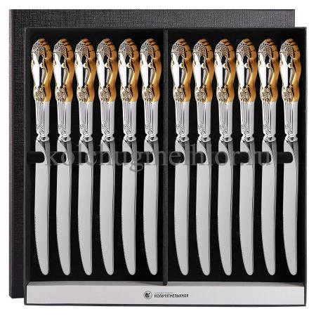 СТОЛОВЫЙ НАБОР ИЗ МЕЛЬХИОРА "РОЗА" С ПОЗОЛОТОЙ (12 НОЖЕЙ) – КОЛЬЧУГИНСКИЙ МЕЛЬХИОР