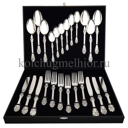 СТОЛОВЫЙ НАБОР ИЗ МЕЛЬХИОРА "ПРАЗДНИЧНЫЙ" С ЧЕРНЕНИЕМ (24 ПРЕДМЕТА) – КОЛЬЧУГИНСКИЙ МЕЛЬХИОР