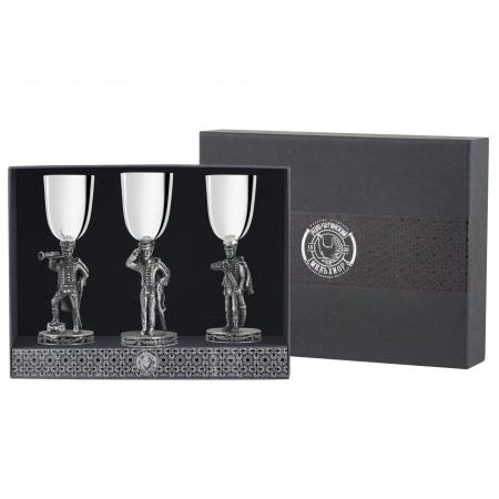 НАБОР РЮМОК "АТЫ-БАТЫ" ПОСЕРЕБРЕННЫЙ С ЧЕРНЕНИЕМ (3 ШТУКИ) – КОЛЬЧУГИНСКИЙ МЕЛЬХИОР