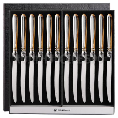 СТОЛОВЫЙ НАБОР ИЗ МЕЛЬХИОРА "КАПЕЛЬКА" С ПОЗОЛОТОЙ (12 НОЖЕЙ) – КОЛЬЧУГИНСКИЙ МЕЛЬХИОР