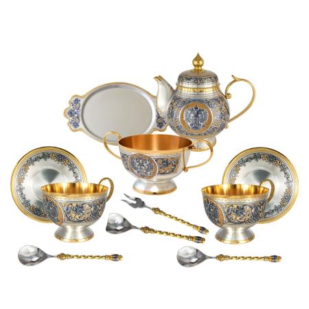 СЕРЕБРЯНЫЙ ЧАЙНЫЙ НАБОР "ДЕРЖАВНЫЙ" (11 ПРЕДМЕТОВ) – СЕВЕРНАЯ ЧЕРНЬ