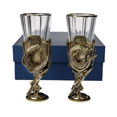 ЛАФИТНИК ДЛЯ ВОДКИ "ТРОФЕЙНЫЙ РЫБАЛКА" (ЖЕРЕХ, СТЕРЛЯДЬ) ЛАТУННЫЙ 2 ШТ