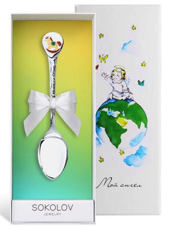 СЕРЕБРЯНАЯ ДЕТСКАЯ ЛОЖКА "ЛОШАДКА" С ЭМАЛЬЮ – SOKOLOV
