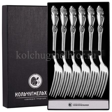 СТОЛОВЫЙ НАБОР ИЗ МЕЛЬХИОРА "РОЗА" С ЧЕРНЕНИЕМ (6 ВИЛОК) – КОЛЬЧУГИНСКИЙ МЕЛЬХИОР