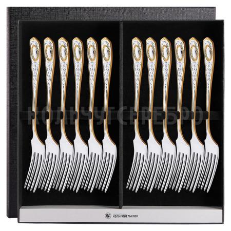 СТОЛОВЫЙ НАБОР ИЗ МЕЛЬХИОРА "№1" С ПОЗОЛОТОЙ (12 ВИЛОК) - КОЛЬЧУГИНСКИЙ МЕЛЬХИОР