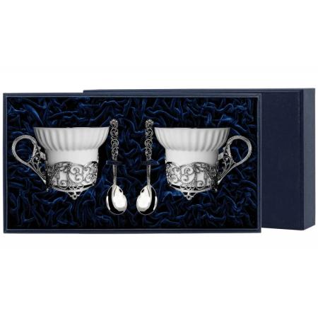 СЕРЕБРЯНАЯ ЧАЙНАЯ ПАРА "КРУЖЕВНЫЕ УЗОРЫ" С ЧЕРНЕНИЕМ – АРГЕНТА