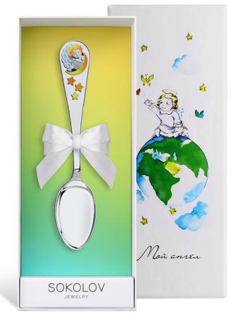 СЕРЕБРЯНАЯ ДЕТСКАЯ ЛОЖКА "АНГЕЛОЧЕК С ЛУНОЙ" С ЭМАЛЬЮ – SOKOLOV