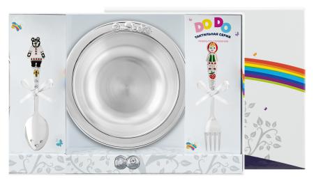 ТАРЕЛКА С ЛОЖКОЙ "МИША" И ВИЛКОЙ "МАША" ЦВЕТ. ЭМАЛЬ – КОЛЬЧУГИНСКИЙ МЕЛЬХИОР