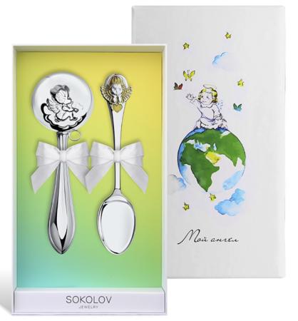ДЕТСКИЙ НАБОР: ЛОЖКА С ПОГРЕМУШКОЙ "АНГЕЛОК" С ПОЗОЛОТОЙ №2 – SOKOLOV