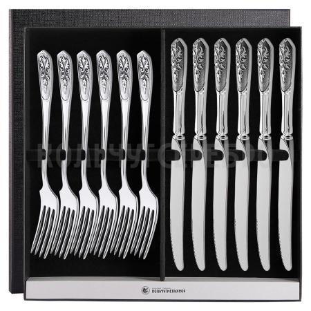 СТОЛОВЫЙ НАБОР ИЗ МЕЛЬХИОРА "ВИЗИРЬ" С ЧЕРНЕНИЕМ (6 ВИЛОК, 6 НОЖЕЙ) – КОЛЬЧУГИНСКИЙ МЕЛЬХИОР