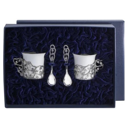 СЕРЕБРЯНАЯ КОФЕЙНАЯ ПАРА "ЛИСТОПАД" С ЧЕРНЕНИЕМ И ЛОЖКАМИ – АРГЕНТА