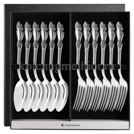 СТОЛОВЫЙ НАБОР ИЗ МЕЛЬХИОРА "РОЗА" С ЧЕРНЕНИЕМ (6 ВИЛОК, 6 ЛОЖЕК) – КОЛЬЧУГИНСКИЙ МЕЛЬХИОР