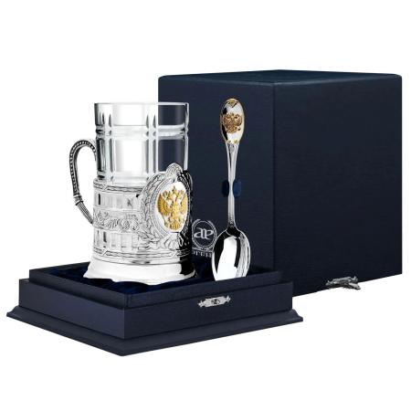 СЕРЕБРЯНЫЙ ПОДСТАКАННИК "ГЕРБ РОССИИ" С ПОЗОЛОТОЙ С ЛОЖКОЙ – АРГЕНТА