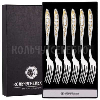 ДЕСЕРТНЫЙ НАБОР ИЗ МЕЛЬХИОРА "МОРОЗКО" С ПОЗОЛОТОЙ (6 ДЕСЕРТНЫХ ВИЛОК) – КОЛЬЧУГИНСКИЙ МЕЛЬХИОР