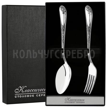СЕРЕБРЯНЫЙ СТОЛОВЫЙ НАБОР "ИРИСЫ" М-22 С ЧЕРНЕНИЕМ (2 ПРЕДМЕТА) – ПАВЛОВСКИЙ ЗАВОД