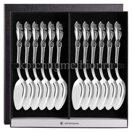 СТОЛОВЫЙ НАБОР ИЗ МЕЛЬХИОРА "РОЗА" С ЧЕРНЕНИЕМ (12 ЛОЖЕК) – КОЛЬЧУГИНСКИЙ МЕЛЬХИОР