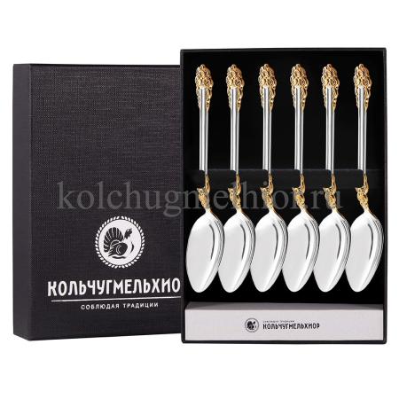ЧАЙНЫЙ НАБОР ИЗ МЕЛЬХИОРА "ПРАЗДНИЧНЫЙ" С ПОЗОЛОТОЙ (6 ЧАЙНЫХ ЛОЖЕК) – КОЛЬЧУГИНСКИЙ МЕЛЬХИОР