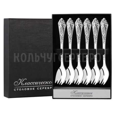 СЕРЕБРЯНЫЙ ЧАЙНЫЙ НАБОР "РЕЛЬЕФНЫЙ" С ЧЕРНЕНИЕМ (6 ВИЛОК ДЛЯ ТОРТА)  - СЕВЕРНАЯ ЧЕРНЬ