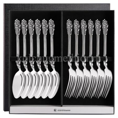 СТОЛОВЫЙ НАБОР ИЗ МЕЛЬХИОРА "ПРАЗДНИЧНЫЙ" С ЧЕРНЕНИЕМ (6 ВИЛОК, 6 ЛОЖЕК) – КОЛЬЧУГИНСКИЙ МЕЛЬХИОР